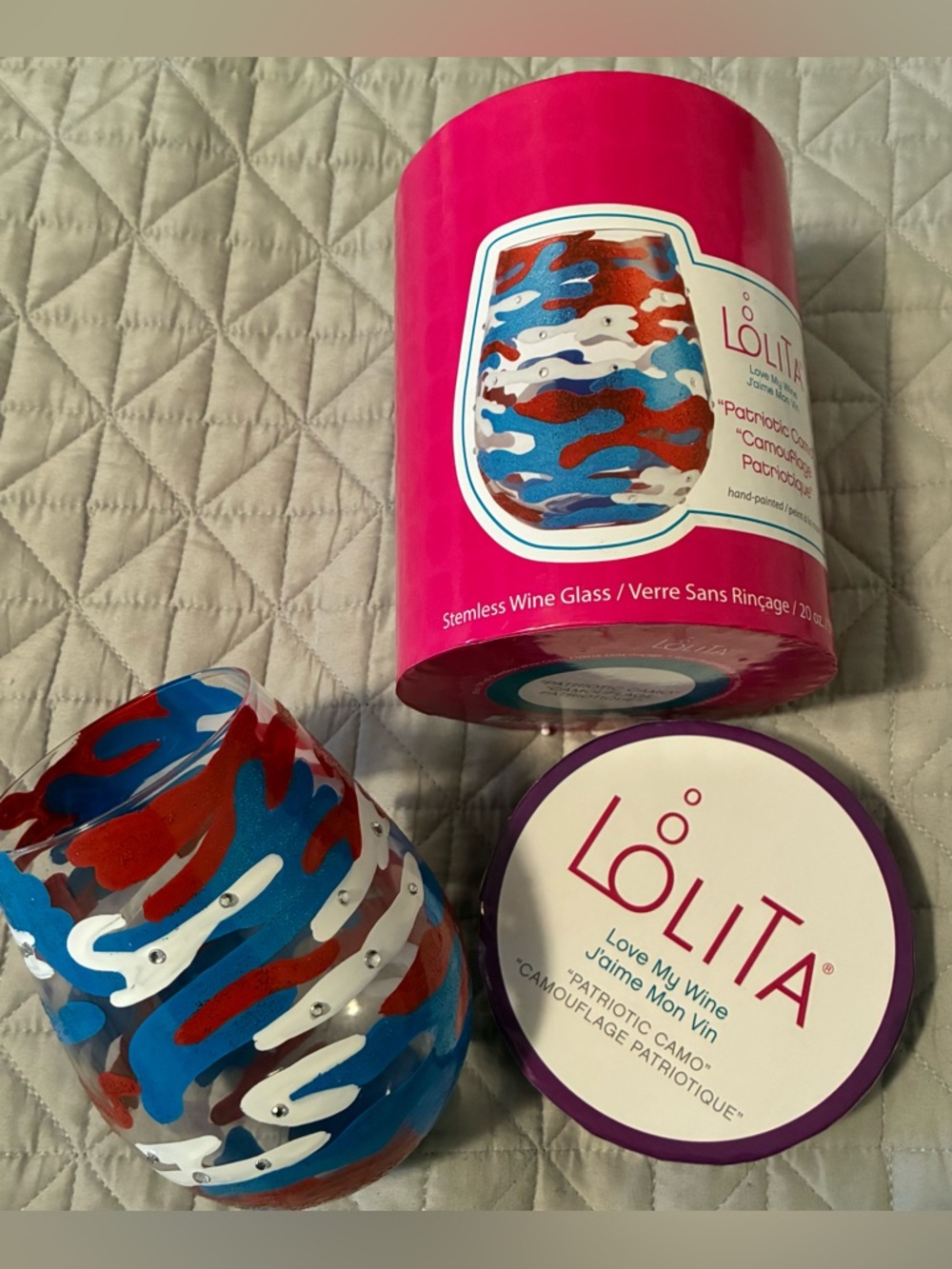 Patriotic Camo Stemware Wine Glass by LOLITA! Collectible Hand-Painted Glassware